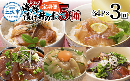 【3回定期便】訳あり土佐の海鮮漬け丼（5種×各4袋）セット 漬け丼の素 タイ 鯛 ブリ 鰤 マグロ 鮪 イカ カツオ 鰹 たたき 新鮮 魚 おかず おつまみ 惣菜 小分け 簡単 訳アリ わけあり
