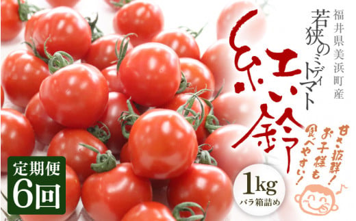 定期便 ≪6ヶ月連続お届け≫ 福井県美浜町産　若狭のミディトマト『紅い鈴』約1kg（バラ箱詰め）×6回 【トマト 中玉トマト 野菜 完熟 お弁当 サラダ スープ ソース おやつ 産地直送 国産 野菜嫌いの方にも  フルーツトマト リコピン GABA 抗酸化作用 美肌 美白  】 [m37-c002] 1390959 - 福井県美浜町