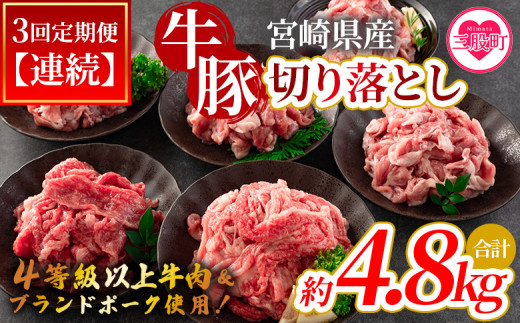 ＜【定期便】全3回連続 宮崎牛切り落とし牛肉（カタ肉）豚肉（ウデ、モモ）総量約4.8kg＞【MI413-nm-A-x1】【ニクマル】 1368135 - 宮崎県三股町