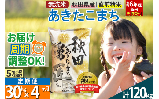 【無洗米】＜令和6年産 新米予約＞《定期便4ヶ月》秋田県産 あきたこまち 30kg (5kg×6袋) ×4回 30キロ お米【2024年秋  収穫後に順次発送開始】