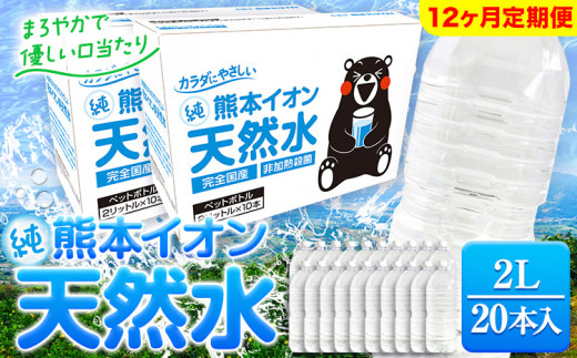 【12ヶ月定期便】熊本イオン純天然水 ラベルレス 2L×20本 《申込み翌月から発送)》2l 水 飲料水 ナチュラルミネラルウォーター 熊本県 玉名郡 玉東町 完全国産 天然水 くまモン パッケージ 1411336 - 熊本県玉東町