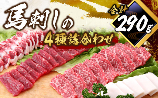 馬刺し 詰合せ 計約290g 4種 馬肉 大トロ トロ身 赤身 たてがみ 食べ比べ たれ 生姜 冷凍 1388586 - 熊本県水俣市