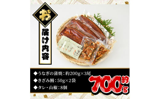 鹿児島県曽於市のふるさと納税 鹿児島県産うなぎ蒲焼きざみセット＜超特大＞(約200g×3尾・きざみ50g×2袋) タレ・山椒付き 鰻 うなぎ 蒲焼 【西日本養鰻】B44