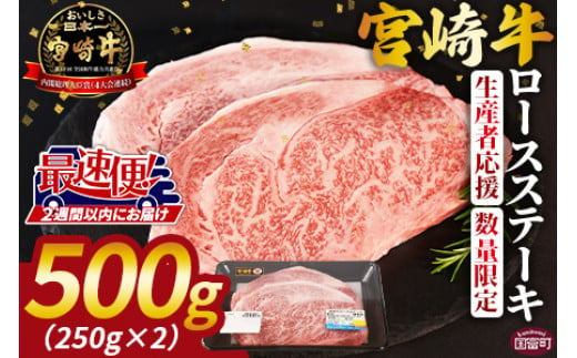 生産者応援 期間限定 数量限定 ＜宮崎牛ロースステーキ 2枚＞2週間以内に発送【 国産 黒毛和牛 牛肉 牛 精肉 ロース ロース肉 ステーキ 4等級以上 ブランド牛 赤身 贈答品 ギフト 贈り物 化粧箱 グルメ ミヤチク 宮崎県 国富町 】 1313008 - 宮崎県国富町