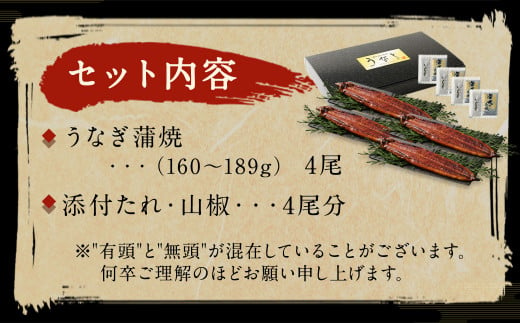 九州産 うなぎ 蒲焼 大 4尾 (1尾あたり160～189g)