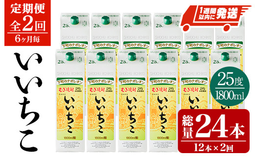 ＜定期便・全2回(6ヶ月毎)＞いいちこ 25度 パック(総量24本・1800ml×12本×2回)酒 お酒 むぎ焼酎 1800ml 麦焼酎 常温 いいちこ 三和酒類 紙パック【207300400】【時枝酒店】 1351555 - 大分県宇佐市