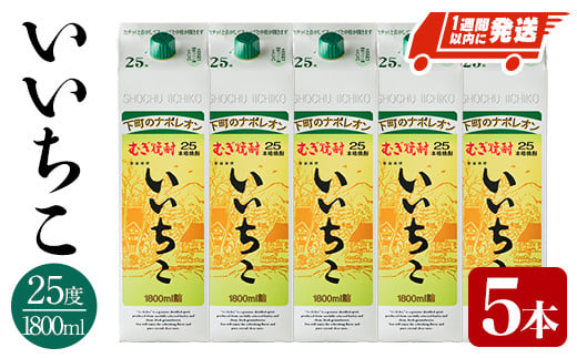 ＜数量限定＞ いいちこ 25度 パック(計9L・1.8L×5本)酒 お酒 むぎ焼酎 1800ml 麦焼酎 常温 いいちこ 三和酒類 紙パック【107303601】【時枝酒店】 1017937 - 大分県宇佐市