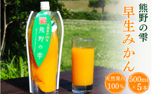 天然果汁100％ みかんジュース 熊野の雫【温州みかん（早生）】500ml×5 / ミカンジュース 早生みかん 温州 生搾り 果汁100％ ストレート パウチ入 柑橘 和歌山県 田辺市【hso005】 1403950 - 和歌山県田辺市