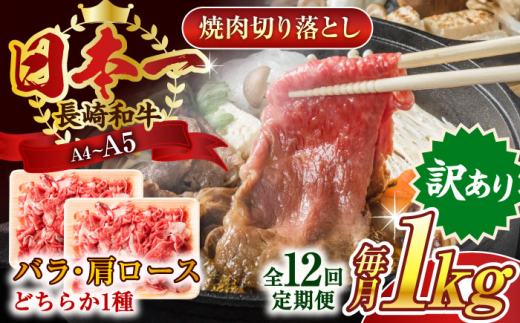 【全12回定期便】【訳あり】【A4～A5】長崎和牛焼肉切り落とし(肩ロース・バラ）　1kg（500g×2p）【株式会社 MEAT PLUS】 [QBS044] 牛肉 肉 国産 切り落し  切りおとし きりおとし 切落とし 和牛 小分け 和食 洋食 カレー 厳選 九州 焼肉 カレー ビーフシチュー 和牛 牛丼 / 長崎県 佐々町