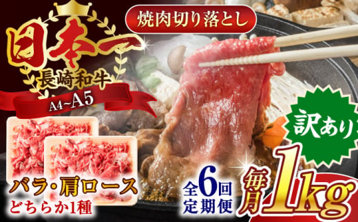 【全6回定期便】【訳あり】【A4～A5】長崎和牛焼肉切り落とし(肩ロース・バラ）　1kg（500g×2p）【株式会社 MEAT PLUS】 [QBS043] 1413890 - 長崎県佐々町