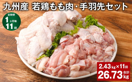 【1ヶ月毎11回定期便】 九州産 若鶏もも肉・手羽先セット 計約26.73kg（約2.43kg✕11回） 鶏肉 もも肉 手羽先
