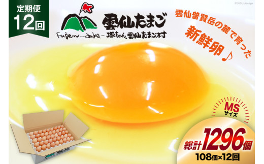BI045 12回 定期便 たっぷり！ 雲仙たまごMSサイズ 108個(100個＋割れ補償8個入り) [ 卵 たまご 生卵 鶏卵 赤卵 玉子 新鮮 塚ちゃん雲仙たまご村 長崎県 島原市 ]