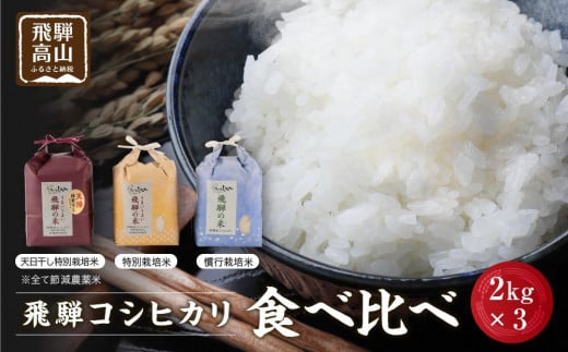 【令和6年産 新米】飛騨コシヒカリ 食べ比べ 白米 2kg×3（天陽稲架干し飛騨の米・うまいうまい飛騨の米・飛騨の米）| こしひかり お米 精米したて 節減農薬米 のし対応 飛騨高山 ファームジネンいいむら GG003 1349360 - 岐阜県高山市