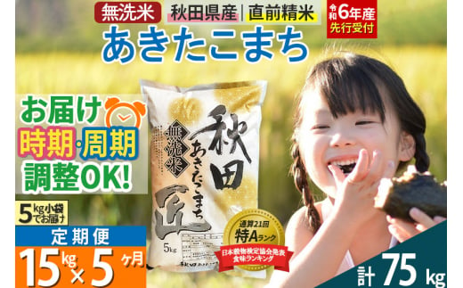 【無洗米】＜令和6年産 予約＞《定期便5ヶ月》秋田県産 あきたこまち 15kg (5kg×3袋) ×5回 15キロ お米【選べるお届け時期】【お届け周期調整 隔月お届けも可】