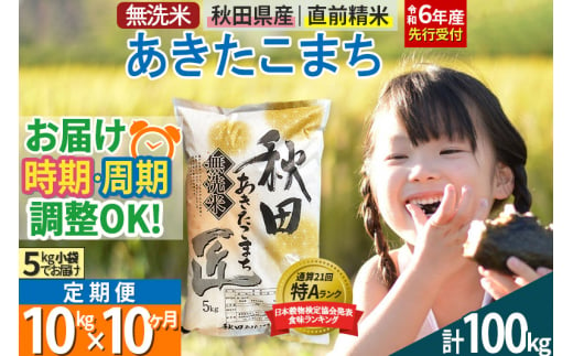 【無洗米】＜令和6年産 予約＞《定期便10ヶ月》秋田県産 あきたこまち 10kg (5kg×2袋) ×10回 10キロ お米【選べるお届け時期】【お届け周期調整 隔月お届けも可】