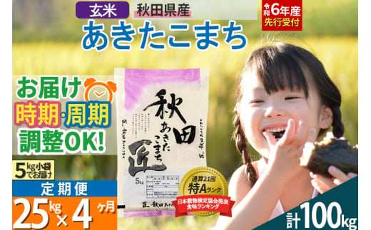 【玄米】＜令和6年産 予約＞ 《定期便4ヶ月》秋田県産 あきたこまち 25kg (5kg×5袋)×4回 25キロ お米【選べるお届け時期】【お届け周期調整 隔月お届けも可】