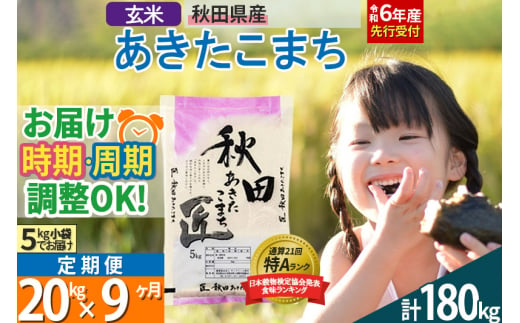 【玄米】＜令和6年産 予約＞ 《定期便9ヶ月》秋田県産 あきたこまち 20kg (5kg×4袋)×9回 20キロ お米【選べるお届け時期】【お届け周期調整 隔月お届けも可】