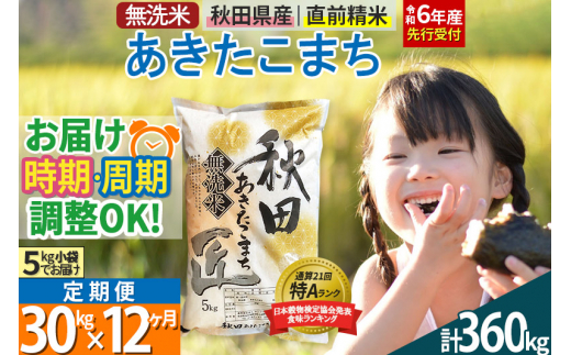 【無洗米】＜令和6年産 予約＞《定期便12ヶ月》秋田県産 あきたこまち 30kg (5kg×6袋) ×12回 30キロ お米【選べるお届け時期】【お届け周期調整 隔月お届けも可】