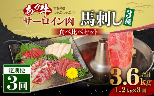 [定期便 3ヶ月]あか牛すきやき・しゃぶしゃぶ用サーロイン肉1kg 馬刺し200g セット 合計 約3.6kg