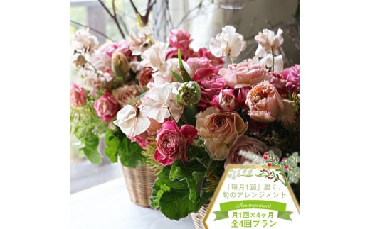 【アレンジメント定期便】＜4ヶ月連続で毎月お届け（全4回プラン）＞ 旬のお花と 季節のグリーン、実物や枝物等を合わせてご用意いたします。 花色はお任せいただきます。【 花束 ブーケ 神奈川県 大磯町 】 1417701 - 神奈川県大磯町