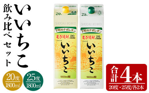 いいちこ パック 20度/25度(合計7.2L・1.8L×4本)酒 お酒 むぎ焼酎 1800ml 麦焼酎 いいちこ 常温 三和酒類 飲み比べ 紙パック【104303800】【山添産業】 245265 - 大分県宇佐市