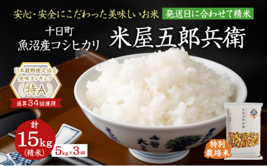 ＜新米発送＞【定期便/全3回】十日町産魚沼コシヒカリ 米屋五郎兵衛 特別栽培米 精米5kg
