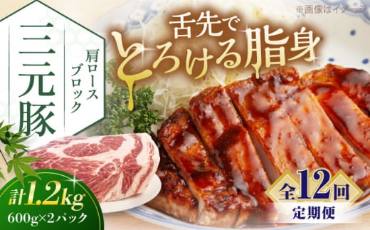 【全12回定期便】三元豚 肩ロースブロック1.2kg（600g×2パック）《喜茂別町》【平田牧場】 肉 豚肉 ロース ブロック ローストポーク 煮豚 酢豚 煮物 冷凍配送 [AJAP117] 208000 208000円 1418895 - 北海道喜茂別町