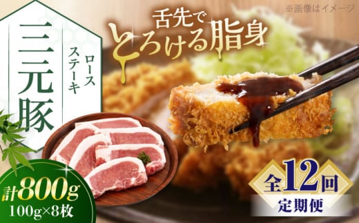 【全12回定期便】三元豚 ロースステーキ 8枚（100g/枚）  藻塩ナシ 《喜茂別町》【平田牧場】肉 豚肉 ロース ステーキ ステーキ用 とんかつ トンテキ 生姜焼き 冷蔵配送 北海道 [AJAP093] 204000 204000円