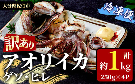 〈訳あり〉加熱用 アオリイカ(ゲソ・ヒレ) (計約1kg・250g×4P) 魚介 イカ 塩焼き 冷凍 おつまみ 海鮮 海の直売所 大分県 佐伯市【AS145】【海べ (株)】 1418842 - 大分県佐伯市