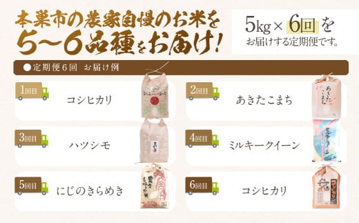 定期便 】全6回 新米 令和6年産 先行予約 お米 5～6品種 5kg お米食べ比べ 米 定期便 計 30kg ( 5kg × 6回）まるごと定期便  コシヒカリ あきたこまち ハツシモ ミルキークイーン にじのきらめき ひとめぼれ 米 こめ 白米 岐阜県産 本巣市 精米 こしひかり おにぎり