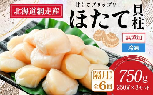 【全6回（隔月）】網走前浜産 無添加ホタテ貝柱750g（250g×3袋）【 ホタテ ほたて 帆立 貝柱 ホタテ貝柱 ほたて貝柱 帆立貝柱 刺身 ホタテ刺身 刺身ホタテ ほたて刺身 刺身ほたて 帆立刺身 北海道 国産 北海道産 魚介 魚介類 海鮮 小分け 天然 定期便 送料無料 人気 ランキング おすすめ 】ABAI036