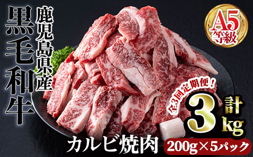 [[定期3回]200g×5パック×3回]A5等級鹿児島県産黒毛和牛カルビ焼肉(計3kg・200g×5パック×3回) カルビ 焼肉 黒毛和牛[カミチク]T23-v01