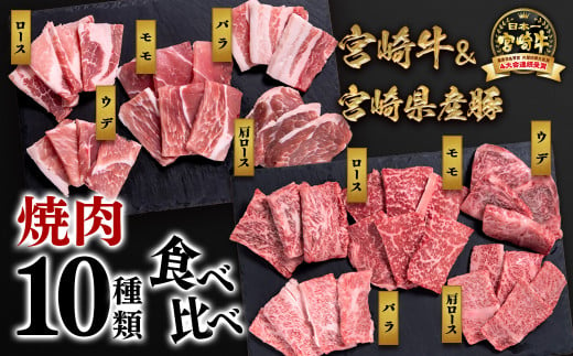 宮崎牛&宮崎県産豚肉 焼肉10種盛り 食べ比べセット計600g 宮崎牛4等級以上 国産牛 豚肉 ブランド牛 ミヤチク 内閣総理大臣賞4連覇[1.1-7]