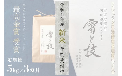 《 令和6年産 新米 先行予約 》【定期便】 5kg ×3ヵ月《 雪蔵貯蔵米 》 最高金賞受賞 南魚沼産コシヒカリ 雪と技  農薬8割減・化学肥料不使用栽培|藤ノ木株式会社