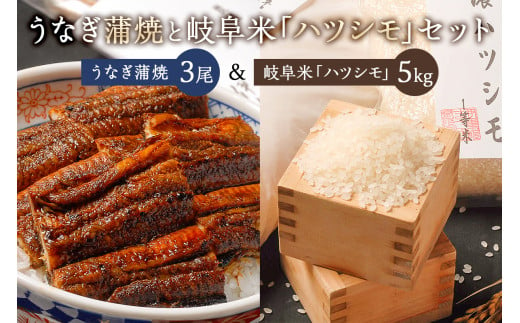 「炭かおる地焼き　うなぎ蒲焼（たれ付）3尾」と「岐阜米ハツシモ1等米5ｋｇ」のセット 257560 - 岐阜県可児市