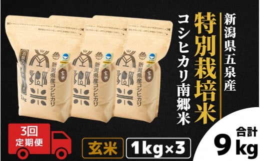 【令和6年産新米先行予約】 〈3回定期便〉 特別栽培米コシヒカリ 「南郷米」 玄米3kg（1kg×3袋）新潟県 五泉市 有限会社ファームみなみの郷  ［2024年9月中旬以降順次発送］ 1430686 - 新潟県五泉市