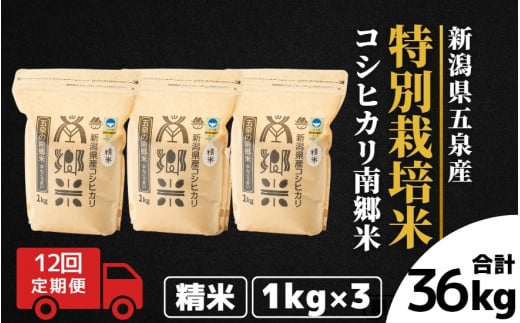 【令和6年産新米先行予約】 〈12回定期便〉 特別栽培米コシヒカリ100％ 「南郷米」 精米 3kg（1kg×3袋）新潟県 五泉市 有限会社ファームみなみの郷  ［2024年9月中旬以降順次発送］ 1430679 - 新潟県五泉市