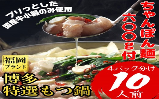 AG101.博多特選もつ鍋（10人前・プリプリの国産牛小腸のみ使用）【福岡ブランド】【もつ鍋・醤油味】