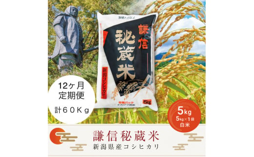 定期便連続12ヶ月発送（5kg×12回分）5kg 米 新潟県産 コシヒカリ  精白米 謙信秘蔵米  お米  こめ コメ おこめ おすすめ こしひかり 新潟 にいがた 新潟米 上越 上越産 上越米 ふるさと納税 定期便 上杉謙信 713902 - 新潟県上越市