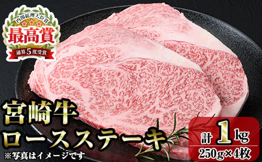 宮崎牛ロースステーキ(計1kg・250g×4) お肉 牛肉 黒毛和牛 ブランド和牛 冷凍 国産 焼肉 BBQ 【R-89】【ミヤチク】 1436278 - 宮崎県門川町