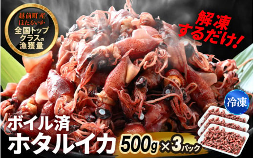 解凍するだけ ! 越前町産 ボイル済 ホタルイカ 計1.5kg（500g × 3P） 急速凍結 冷凍 ほたるいか 全国トップクラスの漁獲量【茹で ボイル 日本海 いか イカ 烏賊 福井県 魚介 海鮮 惣菜 さかな おつまみ 酒の肴 お取り寄せ グルメ 宅飲み 小分け 日常使い】 [e15-a054]