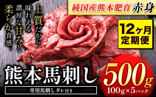 【12ヶ月定期便】馬刺し 赤身 馬刺し 500g【純 国産 熊本 肥育】たっぷり タレ付き 生食用 冷凍《申込み月の翌月から出荷開始》送料無料 国産 絶品 馬肉 肉 ギフト 定期便 1458032 - 熊本県玉東町