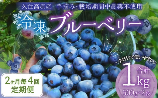 【2ヶ月毎4回 定期便】久住高原 手摘みブルーベリー 冷凍 500g 2袋 計4kg 小分け 栽培期間中農薬不使用