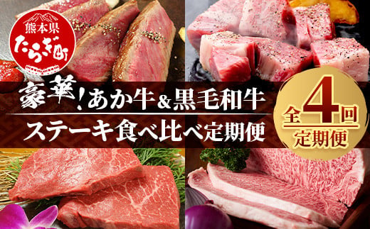 【定期便 4回】豪華！ あか牛 ＆ 黒毛和牛 ステーキ 食べ比べ 定期便≪ 牛肉 ブランド牛 黒毛 希少 褐毛和種 ステーキ サーロイン バラエティ 定期便 熊本県産 ≫092-0020 1451444 - 熊本県多良木町