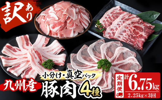 【定期便 全3回】【数量限定】小分け・真空パック!九州産豚肉4種セット(計6.75kg・2.25kg×3回) 定期便 豚肉 小分け 豚 ロース バラ モモ ウデ 肩ロース  真空パック バラエティ 詰め合わせ セット 訳あり t0039-004