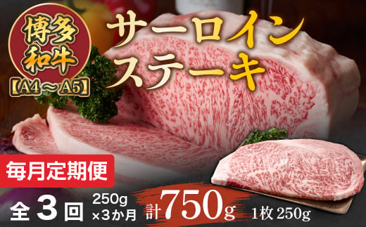 【毎月定期便】【A4～A5】博多和牛サーロインステーキ　250g[250g×1枚]全3回　AO058 1084624 - 福岡県粕屋町