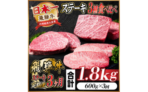 ＜毎月定期便＞飛騨牛ステーキ定期便　計約1.8kg＜冷蔵便＞全3回【4055331】