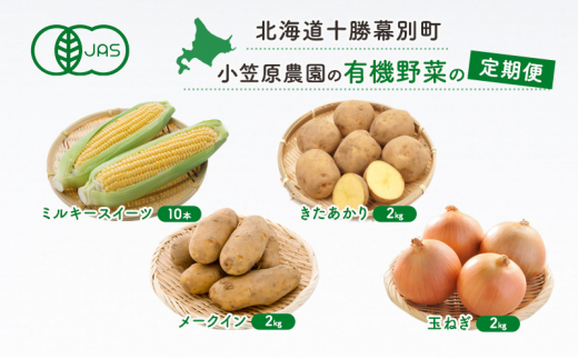 小笠原農園の有機野菜の定期便 夏とうもろこし「 ミルキースイーツ 」10本・秋じゃがいも2種玉ねぎ(きたあかり2kg・メークイン2kg・玉ねぎ2kg)2025年8月発送開始 野菜 とうきび 芋 じゃがいも たまねぎ 北海道 幕別町 