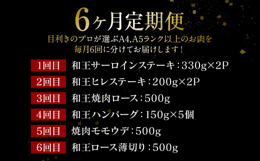 目利きのプロが選ぶA4,A5ランク以上のお肉を毎月6回に分けてお届けします。