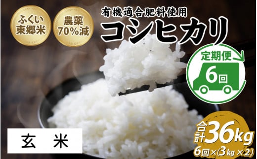 【定期便6ヶ月連続】令和6年産 ふくい東郷米 特別栽培米 特別栽培米　農薬70％減コシヒカリ 6kg(3kg×2袋)×6ヶ月 合計36kg【玄米】[J-020023_02]  1313915 - 福井県福井市